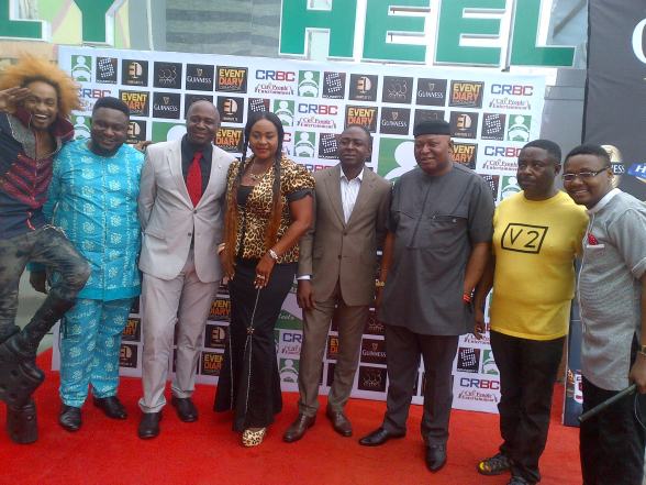 L-R: Chanel O Denrenle; CRBC on-air personality, Ekpenyong Ekpenyong; Commissioner for Info, Akin Riketts; Nkoyo King; Deputy Chief of Staff to the Governor, Jude Ngaji; Commissioner for LGAs, Peter Ojie; Founder of Beverly Heels, Eyo Nsa; and CRBC program presenter,  Victor Ekpo Ita on redcarpet photo section at the unveiling of Beverly Heels in Calabar.