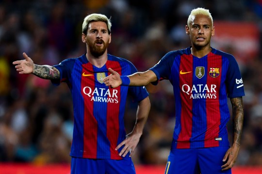 BARCELONA, SPAIN - SEPTEMBER 10:  Lionel Messi (L) and Neymar Jr. of FC Barcelona reacts during the La Liga match between FC Barcelona and Deportivo Alaves at Camp Nou stadium on September 10, 2016 in Barcelona, Spain.  (Photo by David Ramos/Getty Images)